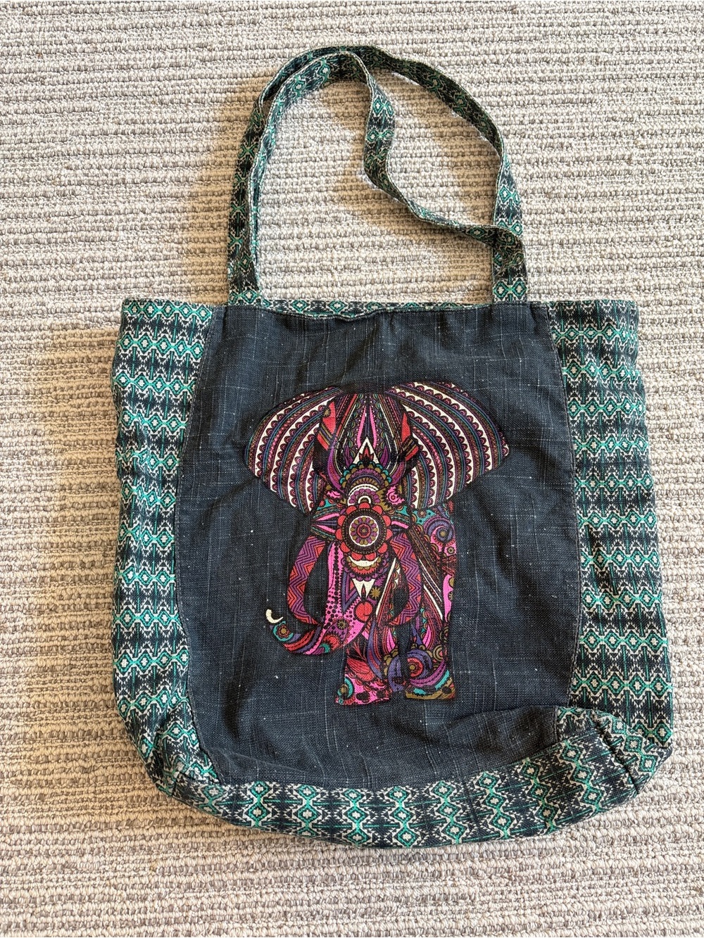 Mossimo Supply Co. Black Canvas Tote with Teal Pattern and Multicolor Elephant